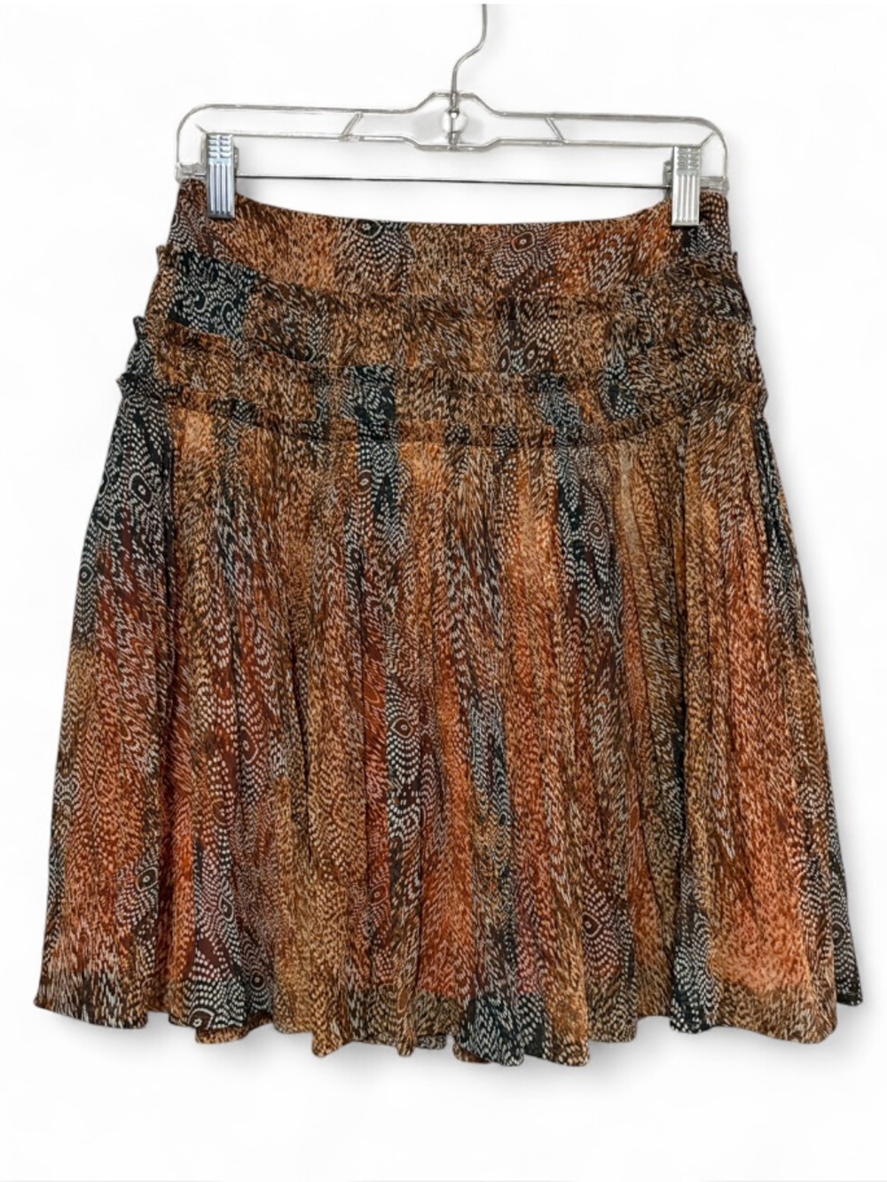 Peruvian Connection Pleated Abstract Peacock Feather Print Boho Mini Skirt